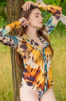 Monika May Seductive Beauty Unbuttons Her Shirt And Caresses Her Lovely Breasts