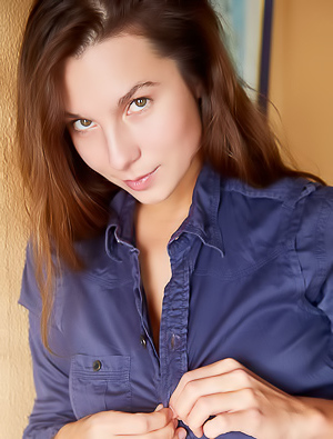 Belka Captivating Brunette Smiles Flirtatiously As Her Buttons Pop Open